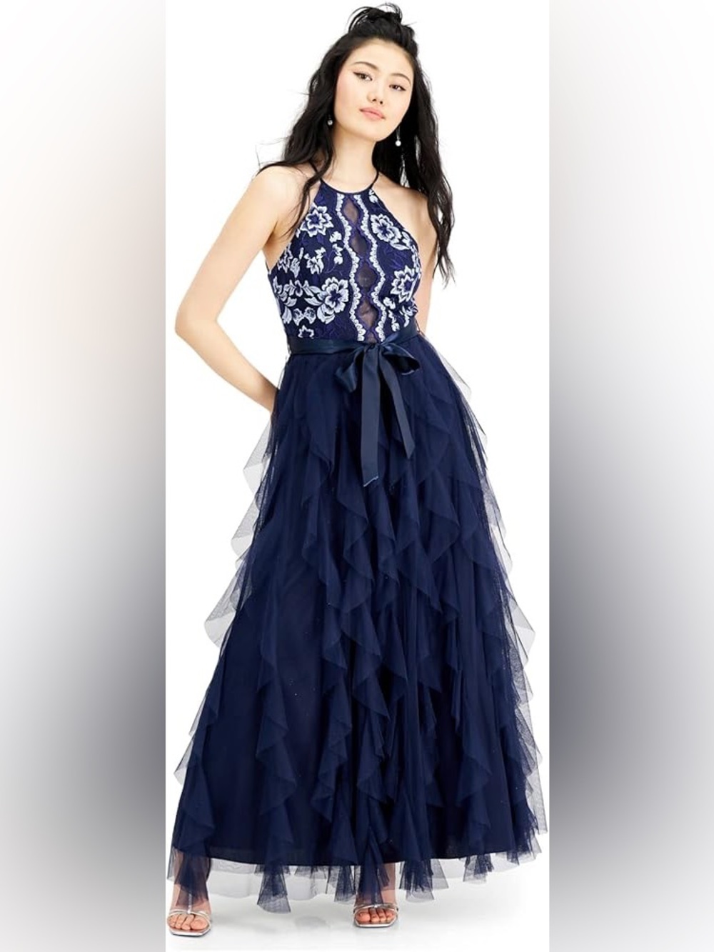 Teeze Me Navy Blue Floral Embroidered Dress